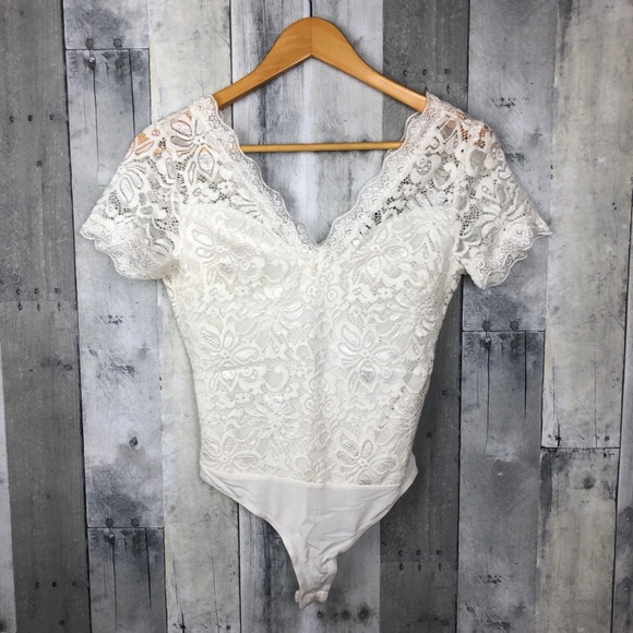 Ambiance Tops - White lace body suit